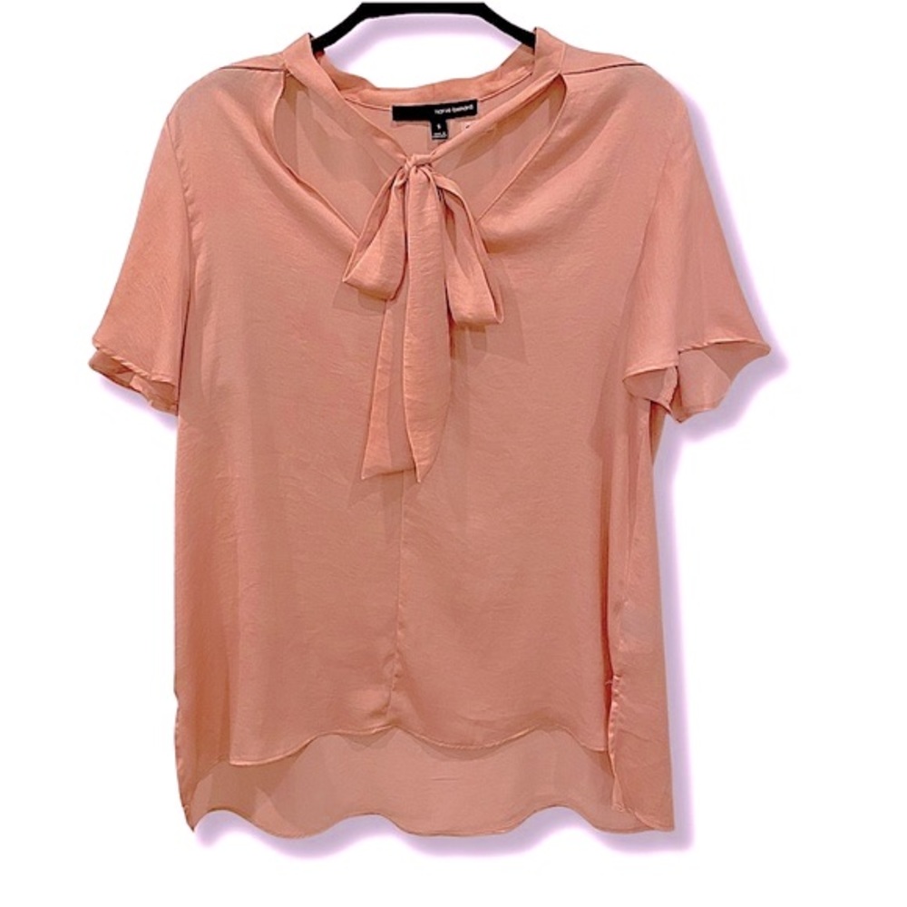 HARVE BENARD Tie Neck Flutter Sleeve Blouse in Soft Pink Satin Sheen Bow Trend